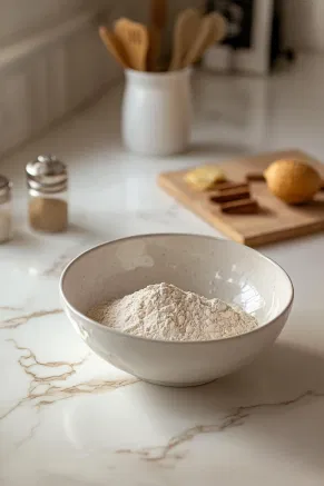 A medium bowl on the cooktop contains sifted flour, ground almonds, bicarbonate of soda, mixed spice, cinnamon, and nutmeg. A whisk evenly distributes these spices throughout the flour mixture.