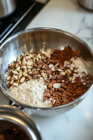 A mixing bowl on the white marble cooktop containing flour, cinnamon, mixed spice, suet, dark brown sugar, fresh breadcrumbs, and coarsely chopped almonds. The ingredients are thoroughly mixed, creating a spiced, crumbly base for the pudding.