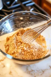 A large mixing bowl on the white marble cooktop contains Mochiko flour, granulated sugar, baking powder, and salt. A whisk is blending the dry ingredients thoroughly, creating an even mixture.