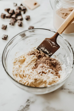 The glass mixing bowl on the white marble cooktop is shown as the dry ingredients are gradually folded into the wet mixture with a spatula, forming a cohesive cookie dough.