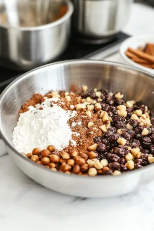 The mixing bowl on the white marble cooktop as sifted flour, cocoa powder, cinnamon, allspice, ginger, cloves, and salt are added to the nut and fruit mixture, coating everything with fragrant spices.