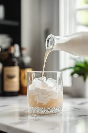 The frothy coconut cream and rum mixture being poured into a Collins glass filled with ice, placed on the white marble cooktop.