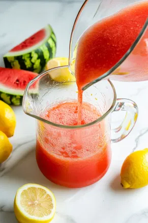 A large glass pitcher on the white marble countertop as watermelon juice, lemon juice, sugar, and water are poured in and stirred together.