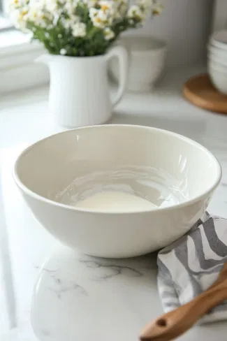 A large mixing bowl on the white marble countertop filled with half-and-half, sugar, heavy cream, vanilla extract, and a pinch of salt, ready to be stirred.