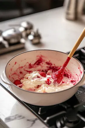 A large mixing bowl on the white marble countertop with mashed strawberries, milk, heavy cream, sugar, vanilla, salt, and food coloring being stirred together.