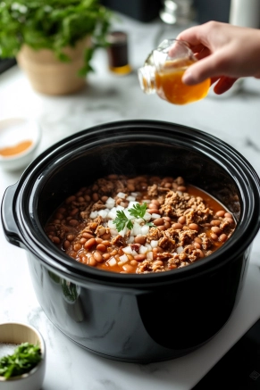 The black slow cooker on the white marble cooktop is now filled with a mixture of soaked beans, finely chopped onions, and shredded smoked meat. A hand is seen adding a dash of white vinegar and hot sauce, with a pinch of sugar nearby on the counter.