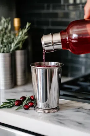 A cocktail shaker on the white marble countertop being filled with cranberry juice, vodka, elderflower liqueur, and sage simple syrup.