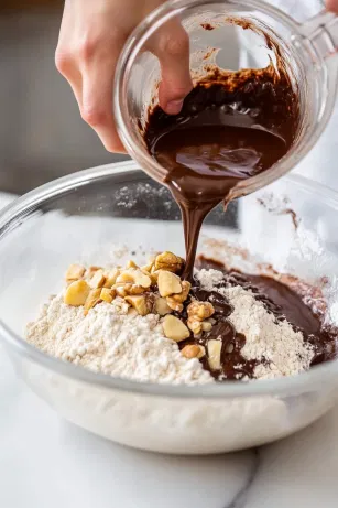 The honey-chocolate mixture being poured over the flour, nuts, and fruit in the large mixing bowl on the white marble cooktop. The ingredients are stirred thoroughly, forming a thick, sticky dough.