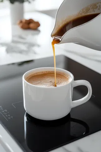 The frothed almond milk is poured over the espresso and honey mixture in the mug. A creamy layer forms, melding beautifully with the darker espresso below.