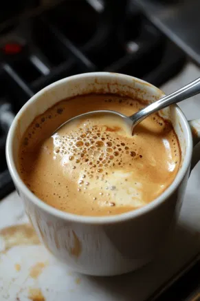 A cup on the white marble cooktop is shown as freshly brewed espresso is poured in, followed by steamed milk. A spoon is used to hold back the foam for precise layering.