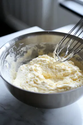 The large mixing bowl on the white marble cooktop is shown as the dry ingredients are gradually added to the wet mixture. The mixer on low speed blends everything together, forming a smooth, spiced batter, while the sides of the bowl are scraped down to incorporate all ingredients.