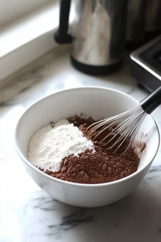 A mixing bowl on the white marble cooktop holds dark brown sugar, flour, and baking powder whisked together to create the dry ingredients for the pudding.