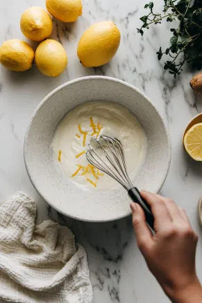 A mixing bowl on the white marble cooktop showing yogurt being whisked into the sugar and zested clementine mixture, creating a creamy base.