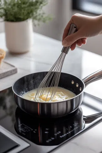 On the white marble cooktop, the hot milk is being gradually whisked into the egg mixture to temper it. The combined mixture is returned to the saucepan and stirred over heat until thickened. Softened butter is added, and the mixture is covered with baking paper before refrigeration.