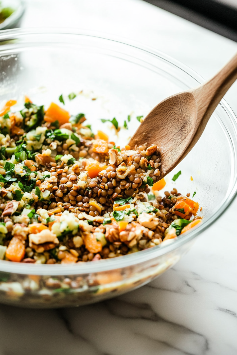 A large glass mixing bowl on a white marble cooktop with cooked lentils, sautéed vegetables, chopped nuts, dried apricots, and beaten eggs being thoroughly mixed with a wooden spoon.