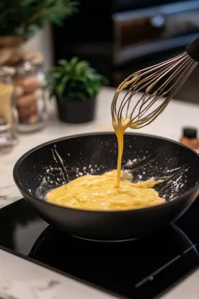 The melted chocolate and butter mixture being poured into the airy egg and sugar mixture in a black mixing bowl on the white marble cooktop, while a whisk gently blends them.