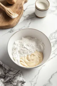 A bowl on the white marble cooktop with flour, baking powder, baking soda, and salt whisked together, ready to combine with the wet ingredients.