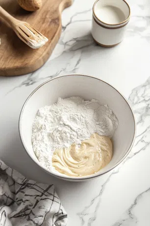 A bowl on the white marble cooktop with flour, baking powder, baking soda, and salt whisked together, ready to combine with the wet ingredients.