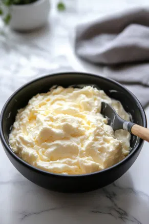 Beaten egg whites are gently folded into the coconut mixture in a black mixing bowl on the white marble cooktop, creating a light and airy filling.