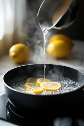 A small black saucepan on a white marble cooktop with water and sugar being stirred by a wooden spoon, as the mixture gently heats and begins to dissolve.