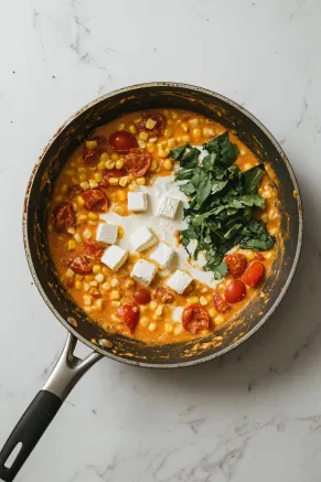 Corn, diced tomatoes, buttermilk, cream cheese cubes, chili powder, salt, and pepper are being stirred into the skillet over the white marble cooktop, as the cream cheese melts into a smooth sauce.