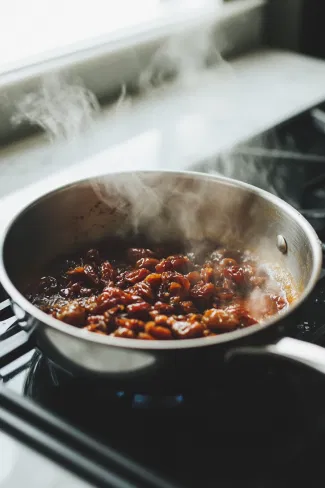 A saucepan on the white marble countertop with chopped Medjool dates, soy milk, and vanilla extract gently heating, steam rising as the mixture simmers.