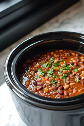 The black slow cooker on the white marble cooktop has its lid securely in place, with the bean mixture simmering inside, releasing a hearty Southern aroma.