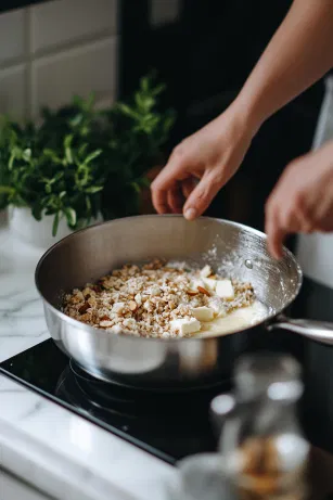 A saucepan on the white marble cooktop filled with apple and pear chunks, cranberry sauce, an optional splash of sherry, and clementine zest and juice. The mixture is cooking for about 10 minutes, softening and releasing warm, festive aromas.