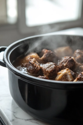 The black slow cooker on the white marble cooktop shows broth gently bubbling around the smoked neck bones, with steam rising to indicate the slow cooking process.