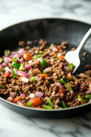 The same skillet on the white marble cooktop is now filled with ground beef, chopped red onion, and green pepper, browning together while being stirred with a spatula.