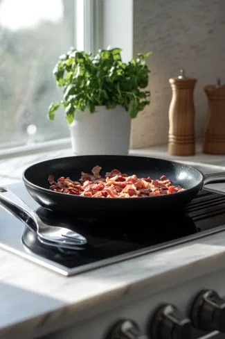 A large black skillet on the white marble cooktop contains chopped bacon sizzling to a crisp, while a slotted spoon rests on the side.