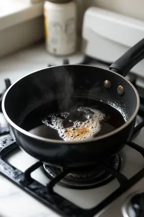 A black saucepan on a white marble cooktop as milk is gradually stirred into the sugar-flour mixture. The liquid simmers and starts to thicken.