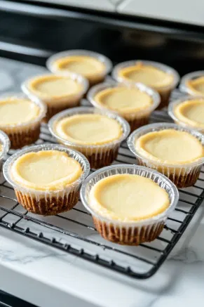 The baked cheesecakes cooling on a wire rack on the white marble cooktop, covered with clear plastic wrap to indicate they're ready for refrigeration.