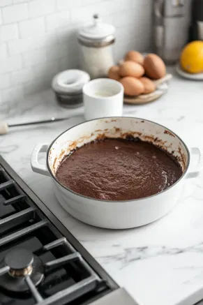 The baked chocoflan cooling on the white marble cooktop before being transferred to the refrigerator to chill for at least 3 hours or overnight, allowing the layers to fully set.