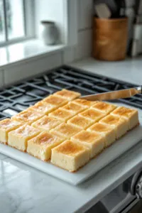 The baked Mochiko cake cools on the white marble cooktop. A sharp knife cuts the cake into 24 evenly sized squares, making it ready to serve.