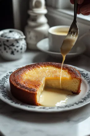 The cooked pudding removed from the pot on the white marble cooktop, resting for 15 minutes before being inverted onto a plate. Slices are served warm with a drizzle of English custard sauce for a classic finish.