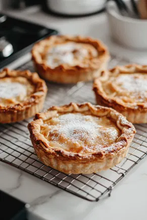 The baked pies are shown cooling on a wire rack over the white marble cooktop. A dusting of powdered sugar is added, and they are served warm with a side of cream or ice cream.