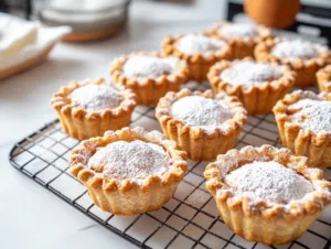 The baked pies are shown cooling on a wire rack over the white marble cooktop. A dusting of powdered sugar is added, and they are served warm with a side of cream or ice cream.