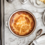 The cooked pudding removed from the pot on the white marble cooktop, resting for 15 minutes before being inverted onto a plate. Slices are served warm with a drizzle of English custard sauce for a classic finish.