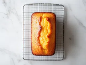 The baked clementine yogurt olive oil cake resting on a wire rack placed over the white marble cooktop, cooling and ready to be sliced and served.