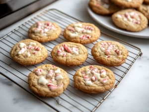 The freshly baked cookies are cooling on a wire rack over the white marble cooktop. Nearby, a plate is stacked with cookies, their peppermint and white chocolate toppings sparkling, ready to be served.