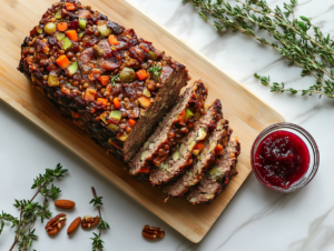 The baked nut roast cooling on a wooden cutting board atop a white marble cooktop. Slices are cut, revealing a colorful interior of lentils, nuts, and vegetables, served with a side of cranberry sauce.