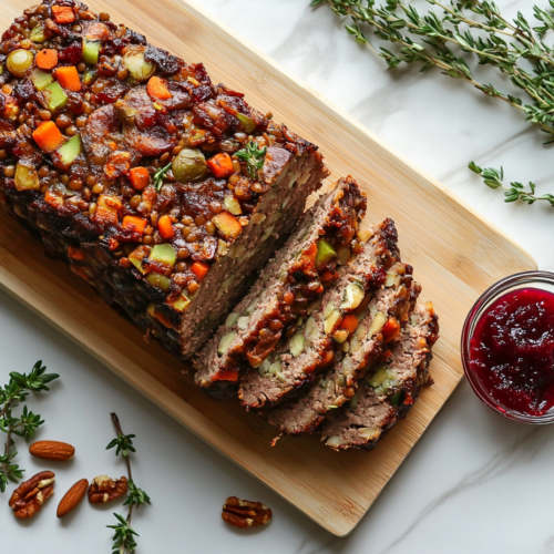 The baked nut roast cooling on a wooden cutting board atop a white marble cooktop. Slices are cut, revealing a colorful interior of lentils, nuts, and vegetables, served with a side of cranberry sauce.