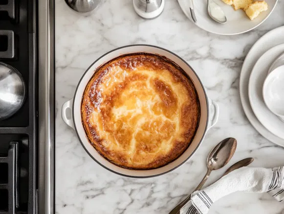 The cooked pudding removed from the pot on the white marble cooktop, resting for 15 minutes before being inverted onto a plate. Slices are served warm with a drizzle of English custard sauce for a classic finish.