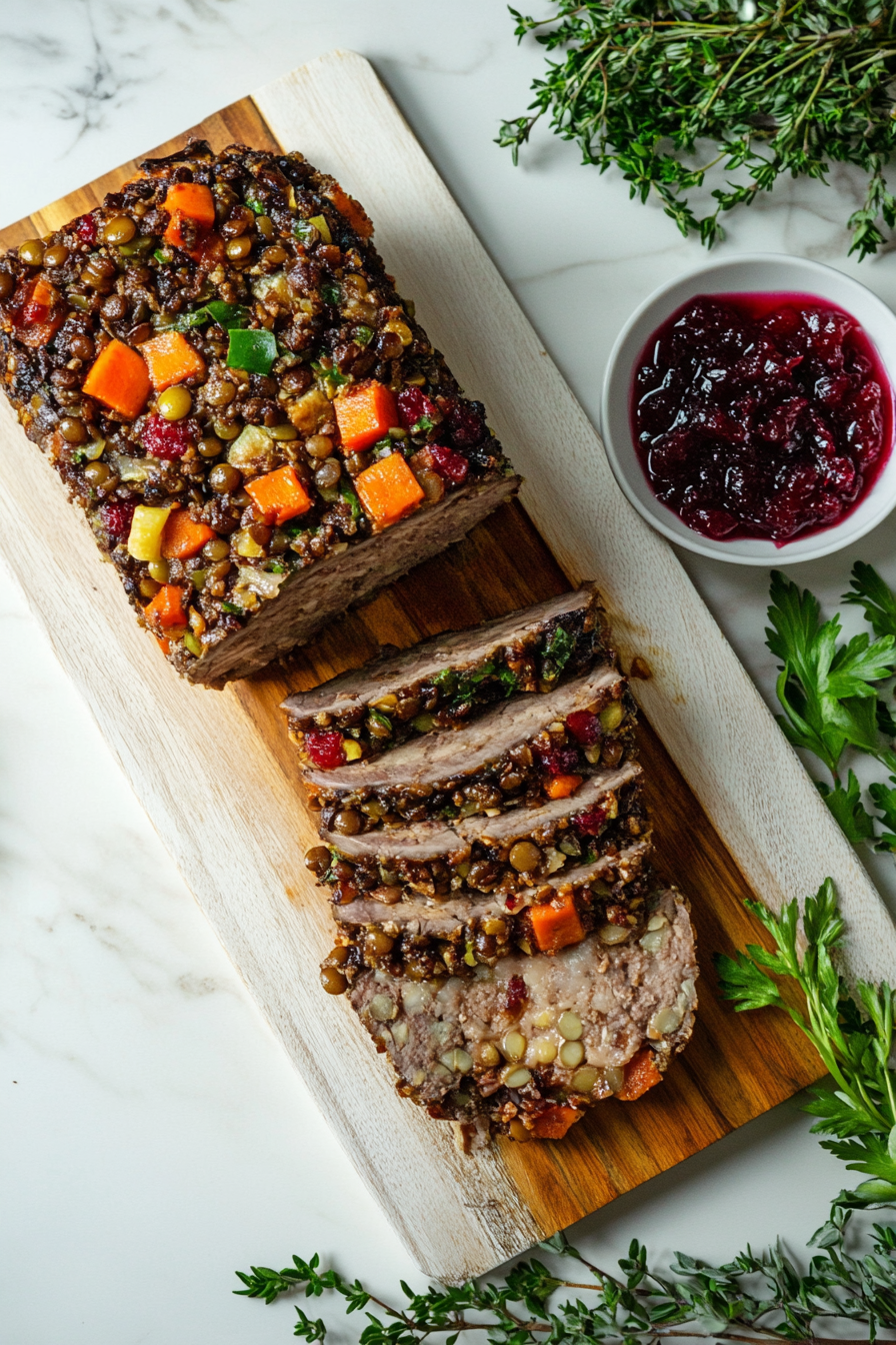 The baked nut roast cooling on a wooden cutting board atop a white marble cooktop. Slices are cut, revealing a colorful interior of lentils, nuts, and vegetables, served with a side of cranberry sauce.