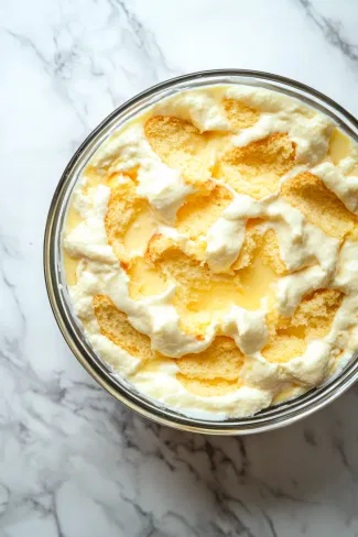 The lemon sponge has been removed from the baking tin and sits on the white marble cooktop, fully cooled. It is sliced into neat fingers, which are arranged at the base of a trifle dish, forming the first layer of the trifle.