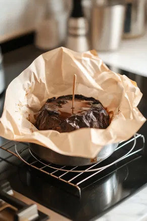 The steamed pudding rests on a cooling rack on the white marble cooktop as it cools. A skewer pricks the top, allowing a drizzle of brandy to soak in. Fresh paper is applied for storage, and the pudding is placed in a cool area to develop its flavors.