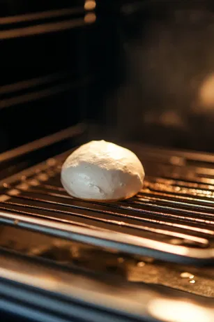 The pavlova cooling inside the turned-off oven for at least an hour or overnight, allowing it to set fully while preserving the delicate, crisp meringue shell.