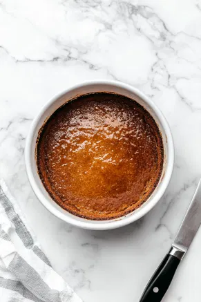 After baking, the pudding rests in its basin on the white marble cooktop for 10 minutes. A knife is run around the edges, and the pudding is carefully turned out onto a cooling rack.