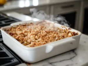 The freshly baked Apple Crisp rests on the white marble cooktop with steam rising, ready to be served.